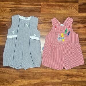 Vintage Gingham Shorts Rompers Frog and Crayon Applique Spring SummerKidcore 90s